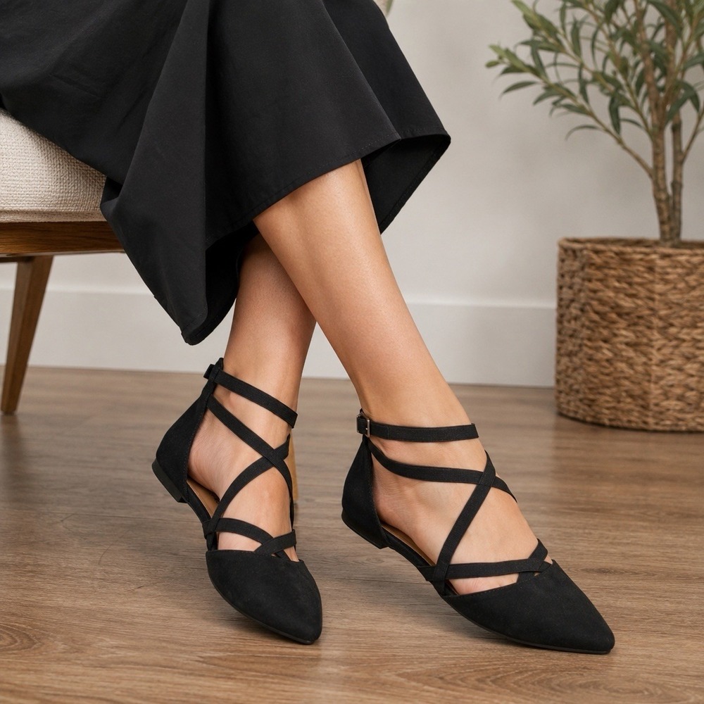 Torrid Womens Flats Size 11WW Black Faux Suede Pointed Toe Elastic Strap Wide